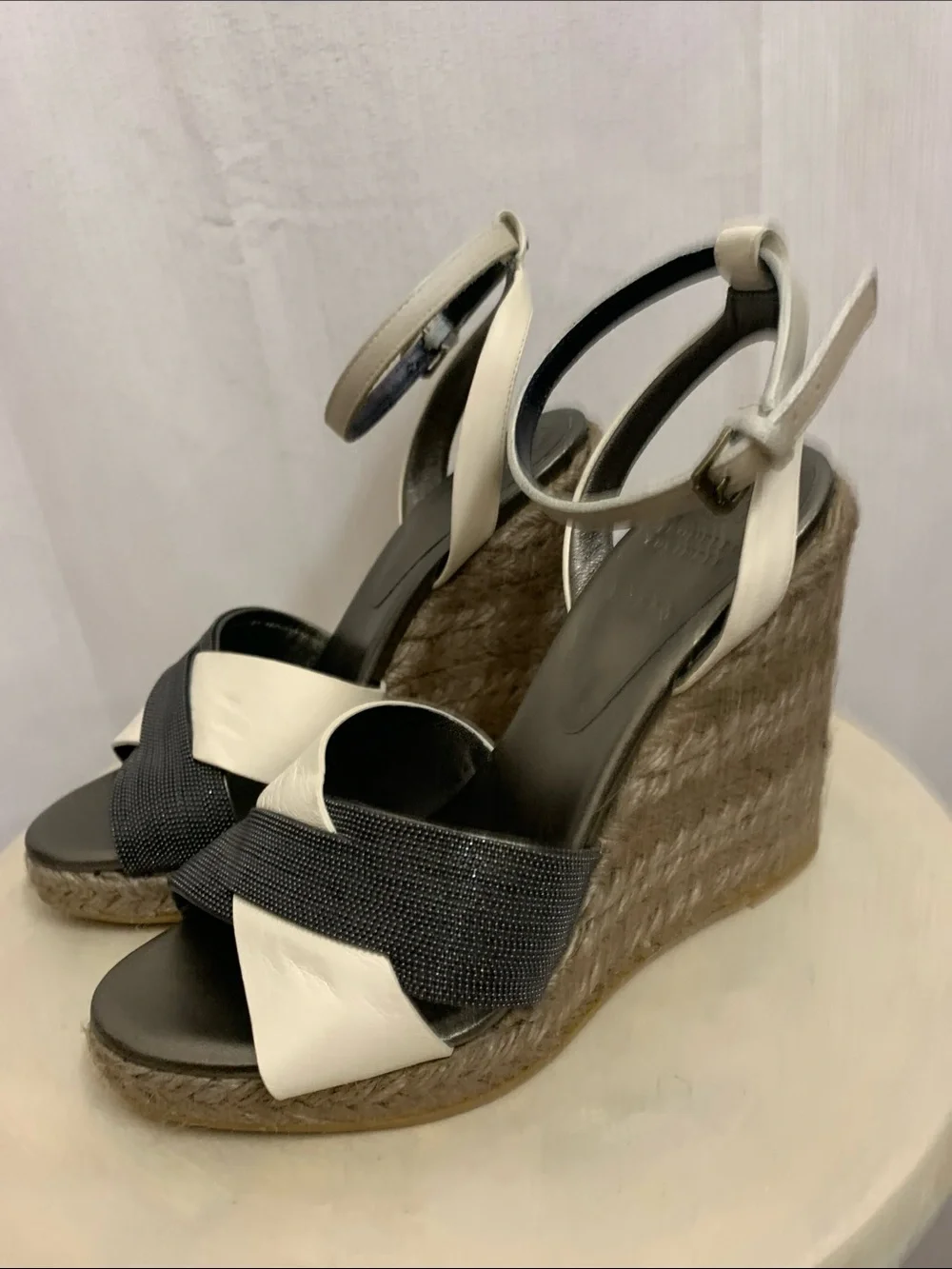 Brunello Cucinelli Espadrille Wedge Platform Crisscross Leather Monilli Beads